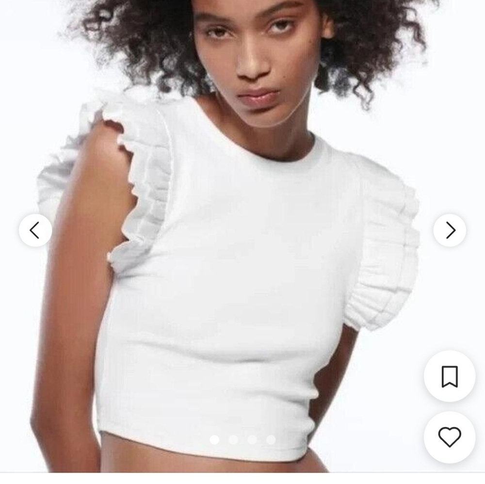 Zara White Ribbed Ruffle Sleeve Top